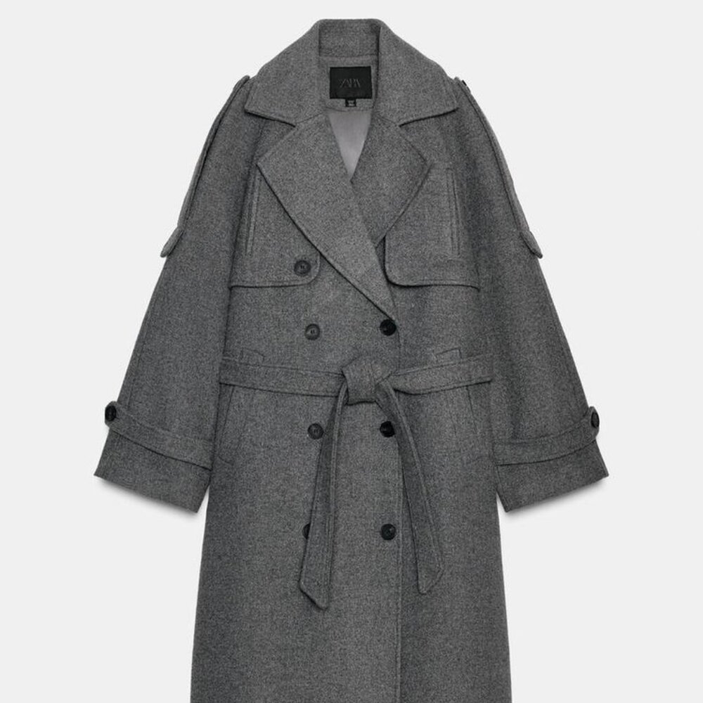 Zara Gray Double-Breasted Belted Coat with Loops, Gray, Size L